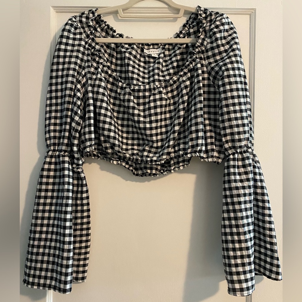 Topshop Gingham Cropped Bell Sleeve Top Black White Size 14